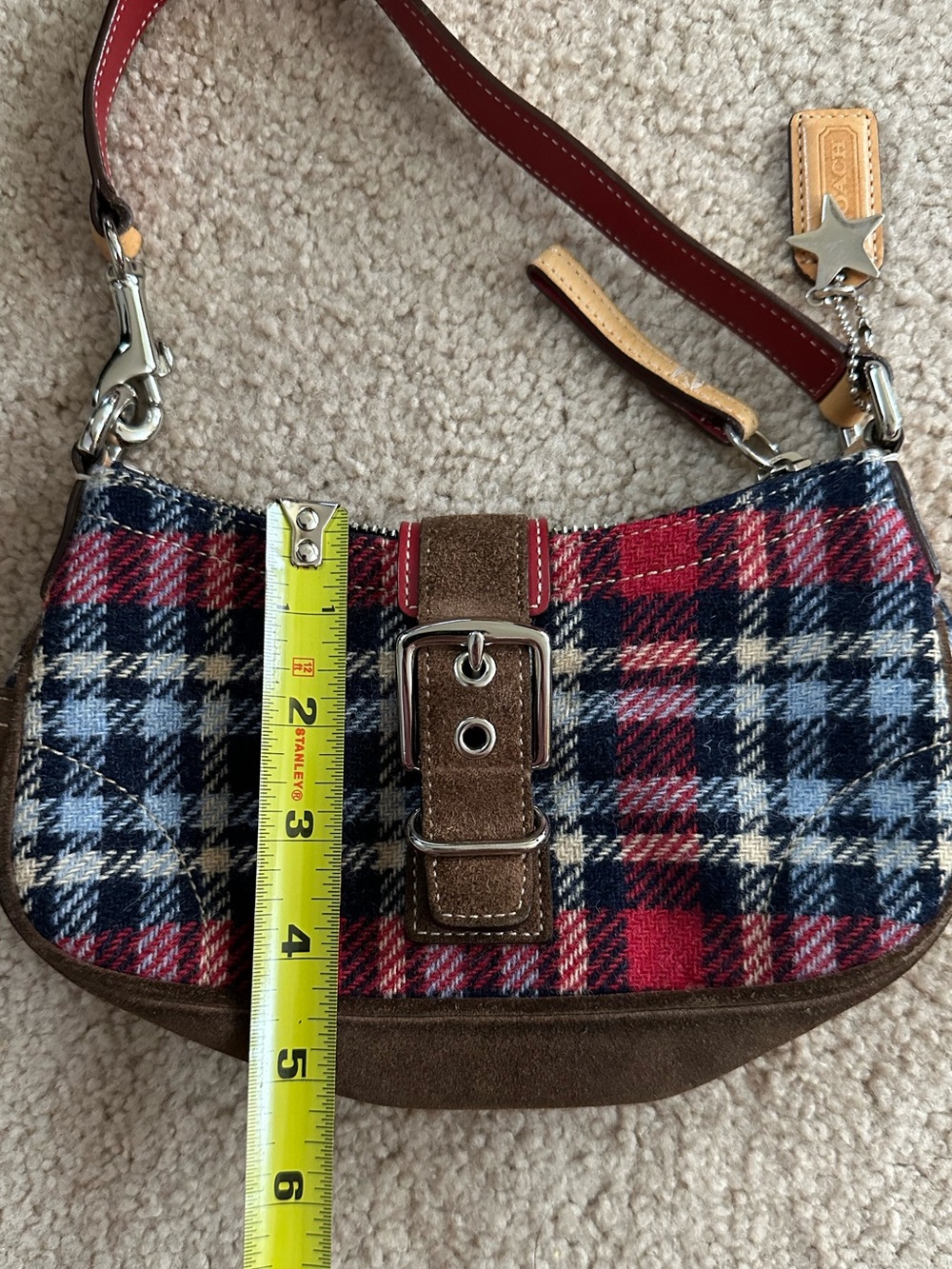COACH Soho Plaid Wool Mini Shoulder Bag Y2K Red Check Suede Leather Rare ๐โค๏ธ๐ค - Picture 10 of 12